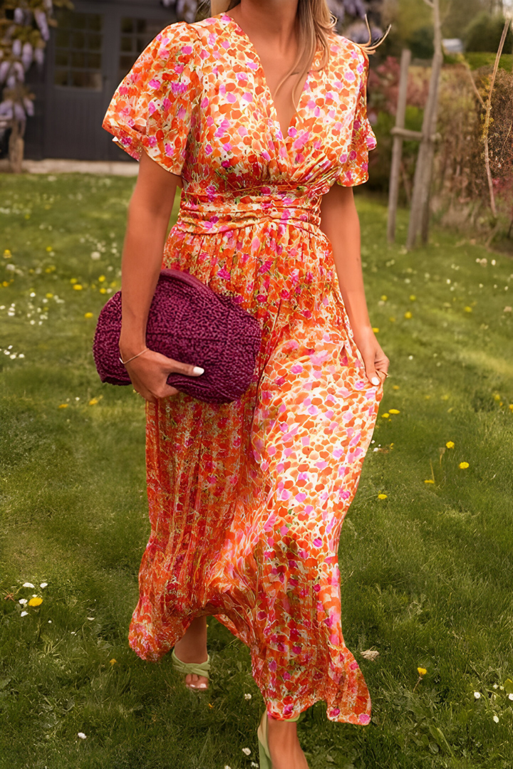Damen Sommerkleid in Maxilänge mit Blumenmuster in Orange 2