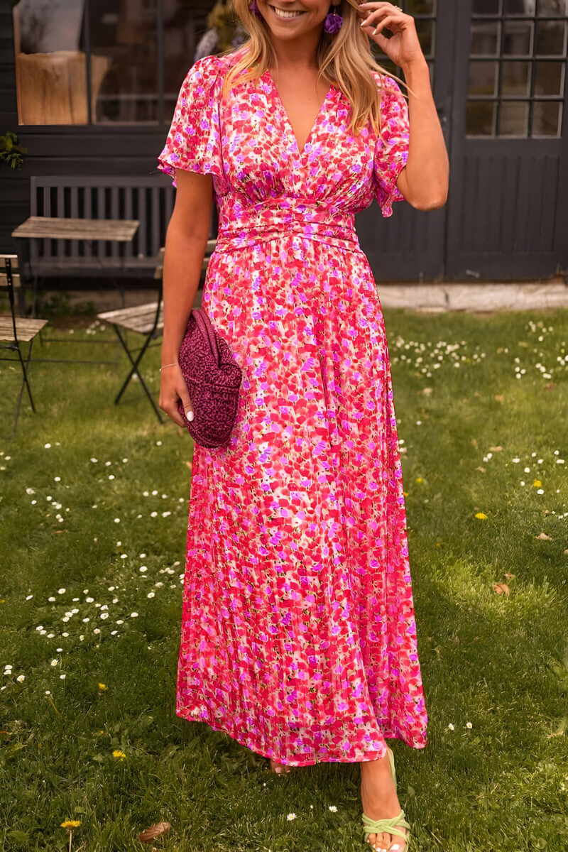 Damen Sommerkleid in Maxilänge mit Blumenmuster in Rosa