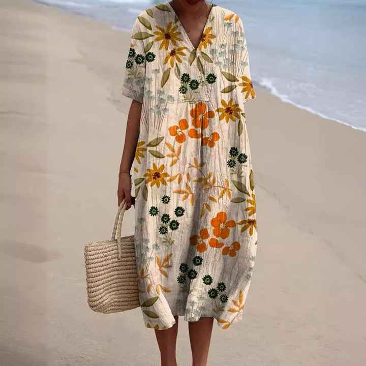 Damen Sommerkleid mit Blumenmuster für den Alltag in Beige