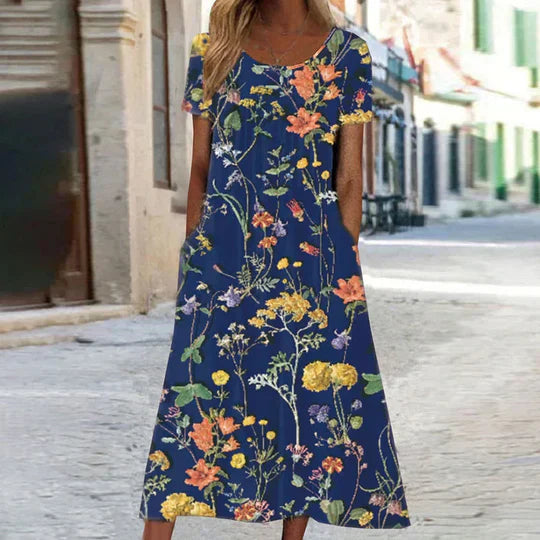 Damen Sommerkleid mit Blumenmuster im Midi-Schnitt in Dunkelblau