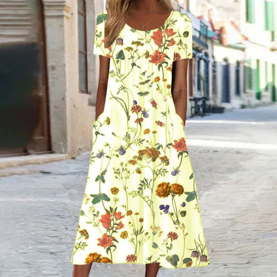 Damen Sommerkleid mit Blumenmuster im Midi-Schnitt in Gelb