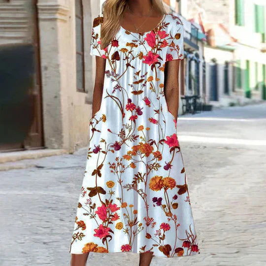 Damen Sommerkleid mit Blumenmuster im Midi-Schnitt in Rot