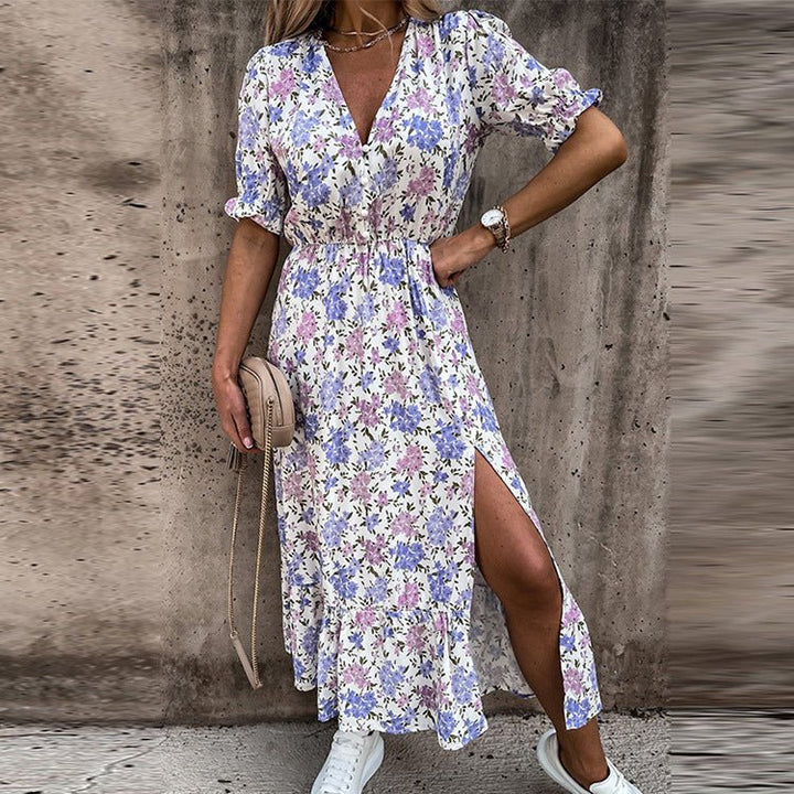 Damen Sommerkleid mit Blumenmuster in Maxi-Länge in Lila 1