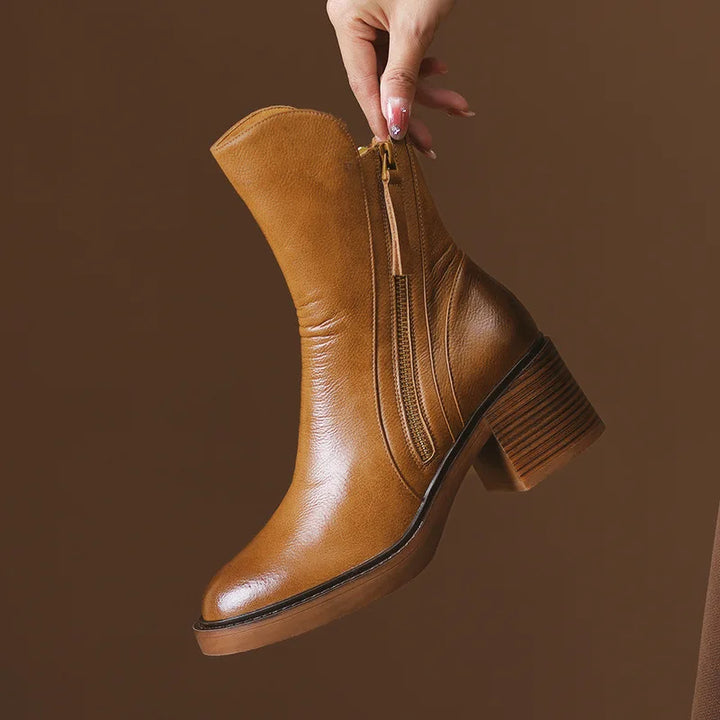 Damen Stiefeletten aus Leder mit Blockabsatz in Braun