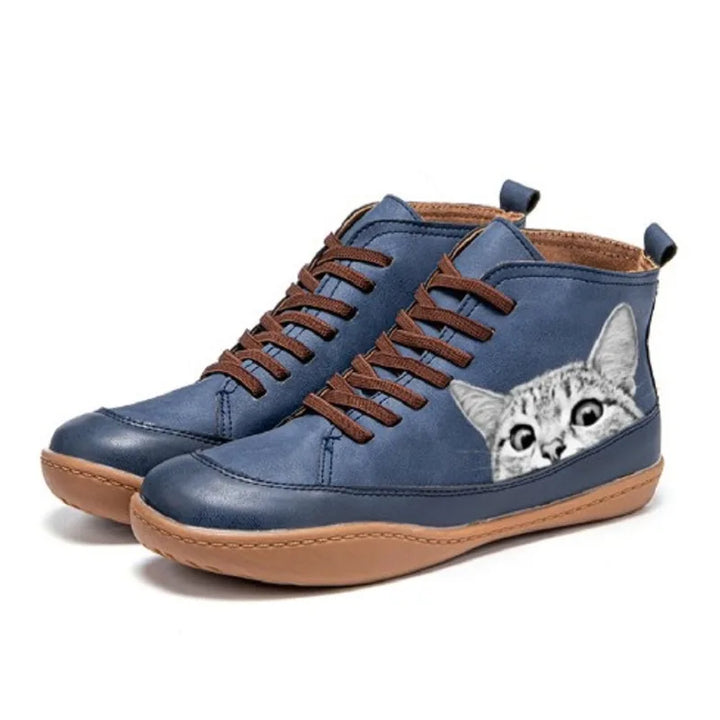 Damen Stiefeletten aus Leder mit Katzenmotiv in Blau