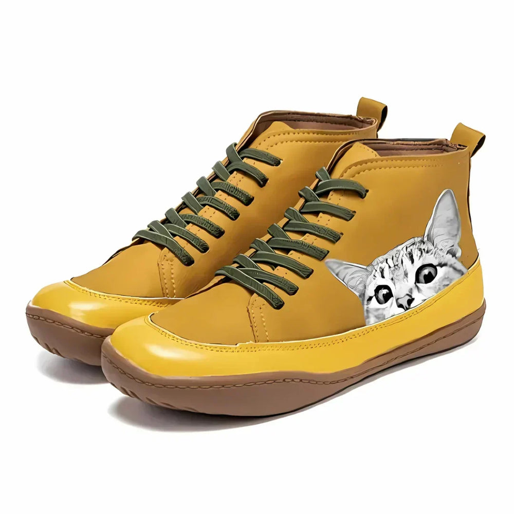Damen Stiefeletten aus Leder mit Katzenmotiv in Gelb
