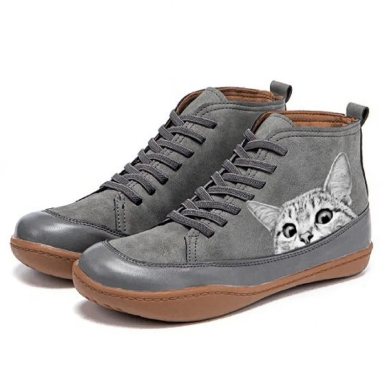 Damen Stiefeletten aus Leder mit Katzenmotiv in Grau