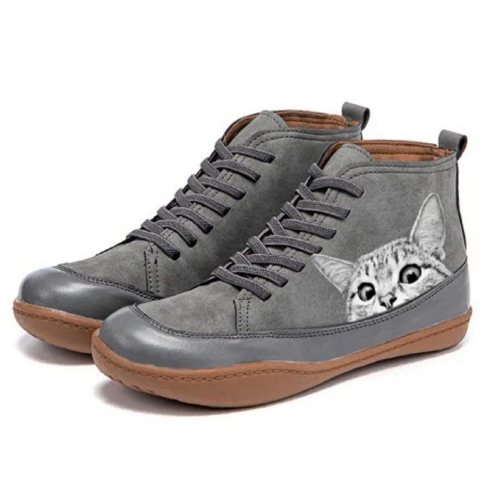 Damen Stiefeletten aus Leder mit Katzenmotiv in Grau