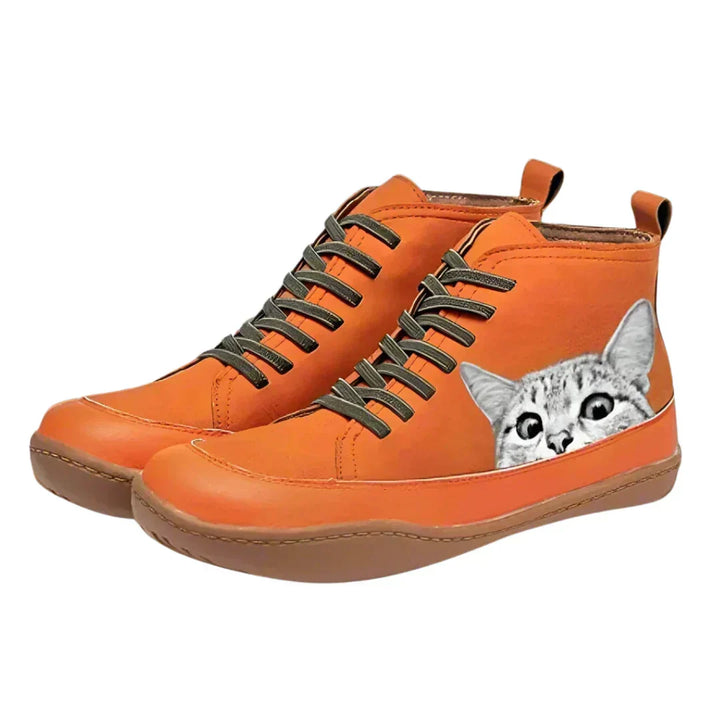 Damen Stiefeletten aus Leder mit Katzenmotiv in Orange