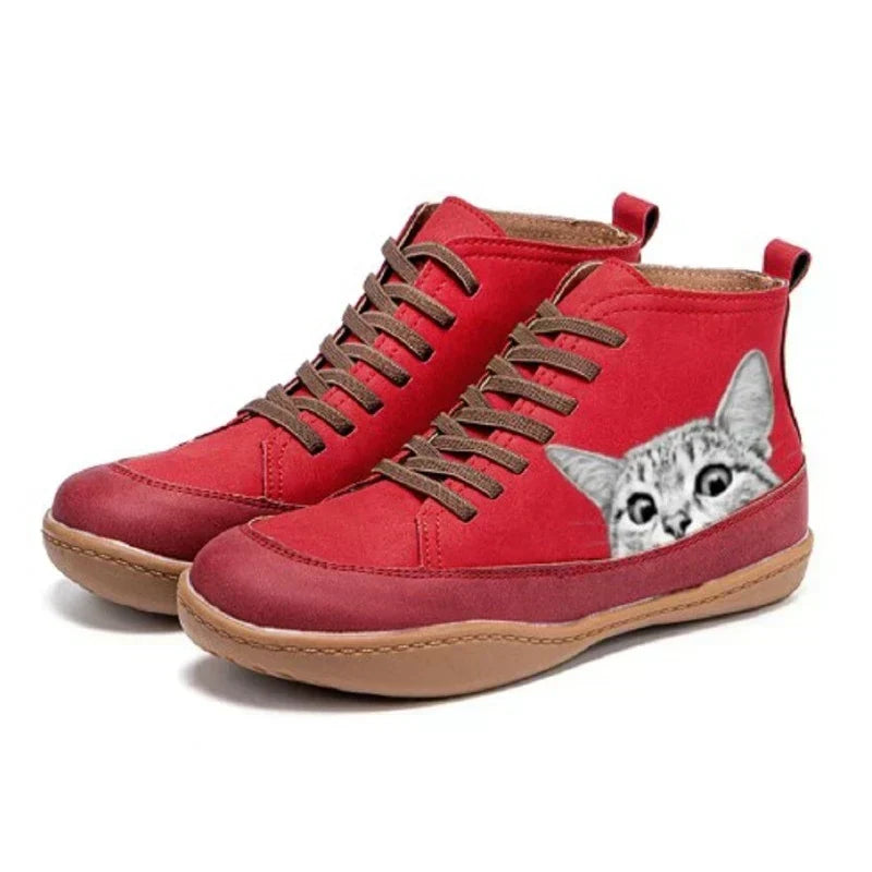 Damen Stiefeletten aus Leder mit Katzenmotiv in Rot