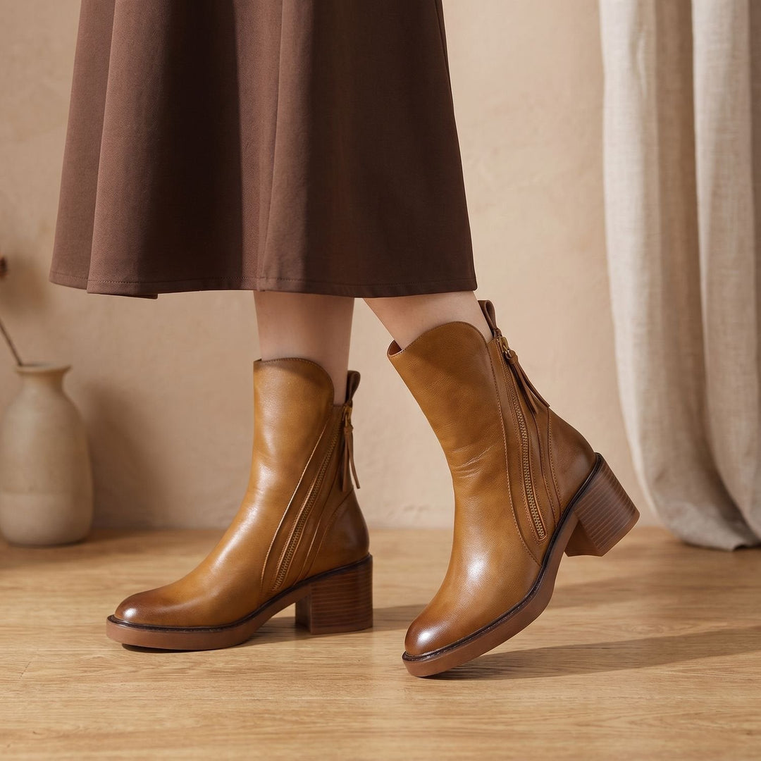 Damen Stiefeletten mit Blockabsatz aus Leder in Braun