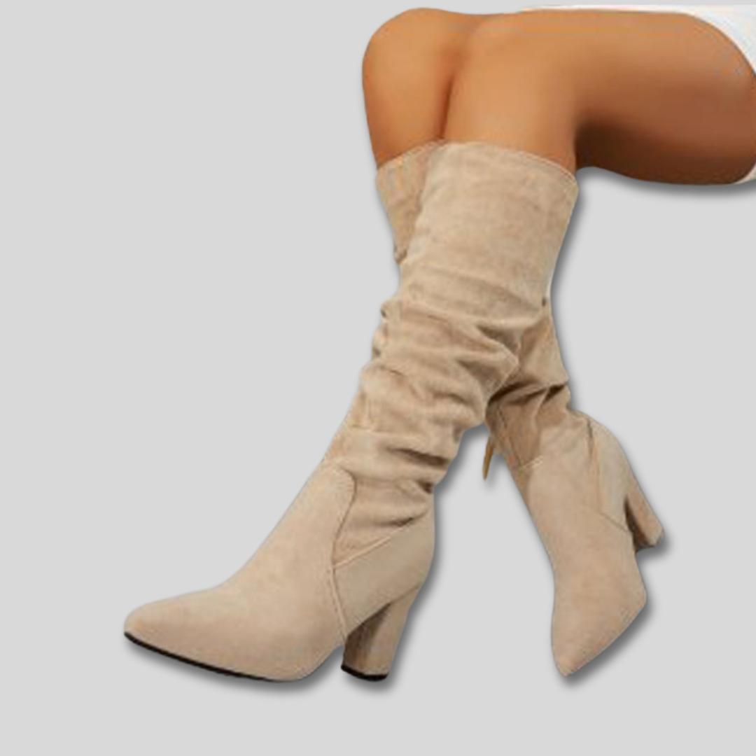 Damen Stiefeletten mit Blockabsatz aus Wildleder in Beige