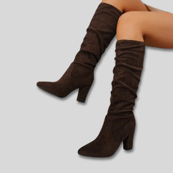 Damen Stiefeletten mit Blockabsatz aus Wildleder in Dunkelbraun