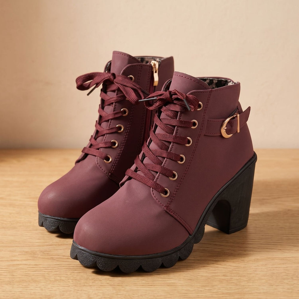 Damen Stiefeletten mit Blockabsatz für Winter in Bordeaux