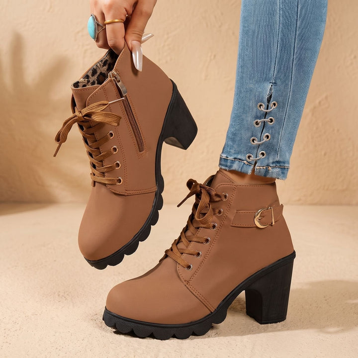 Damen Stiefeletten mit Blockabsatz für Winter in Braun