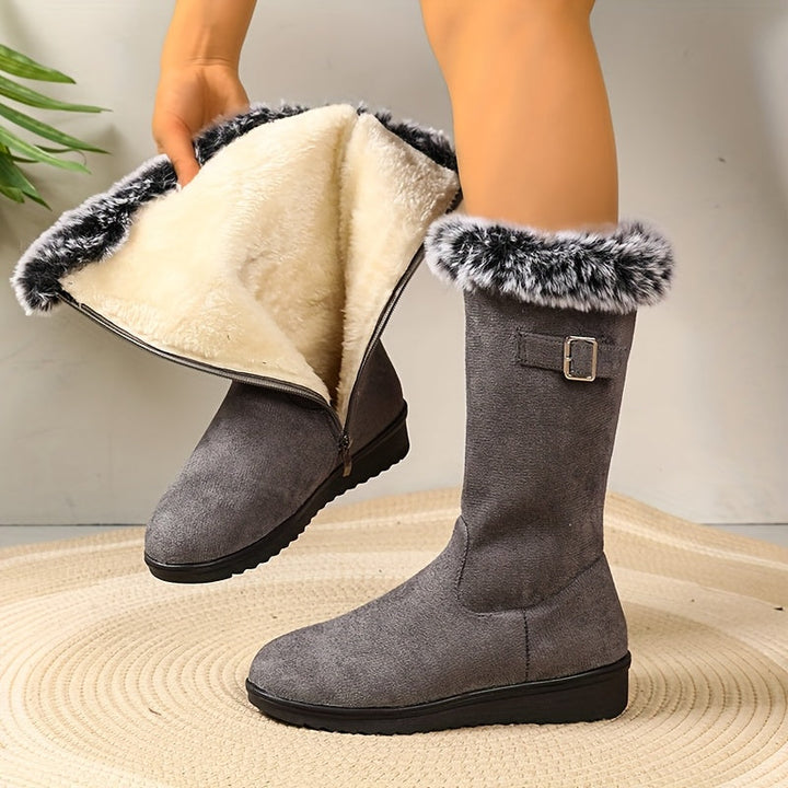 Damen Stiefeletten mit Fell und eleganter Schnalle in Grau