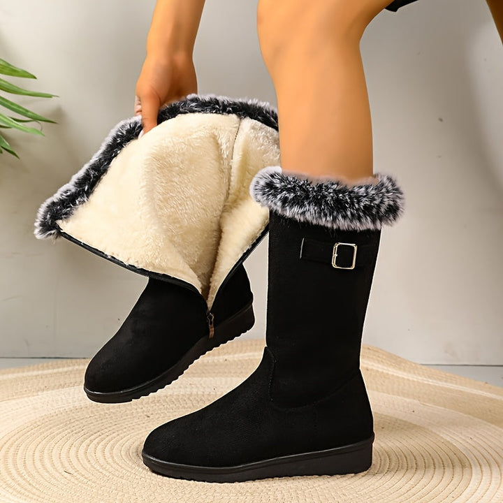 Damen Stiefeletten mit Fell und eleganter Schnalle in Schwarz