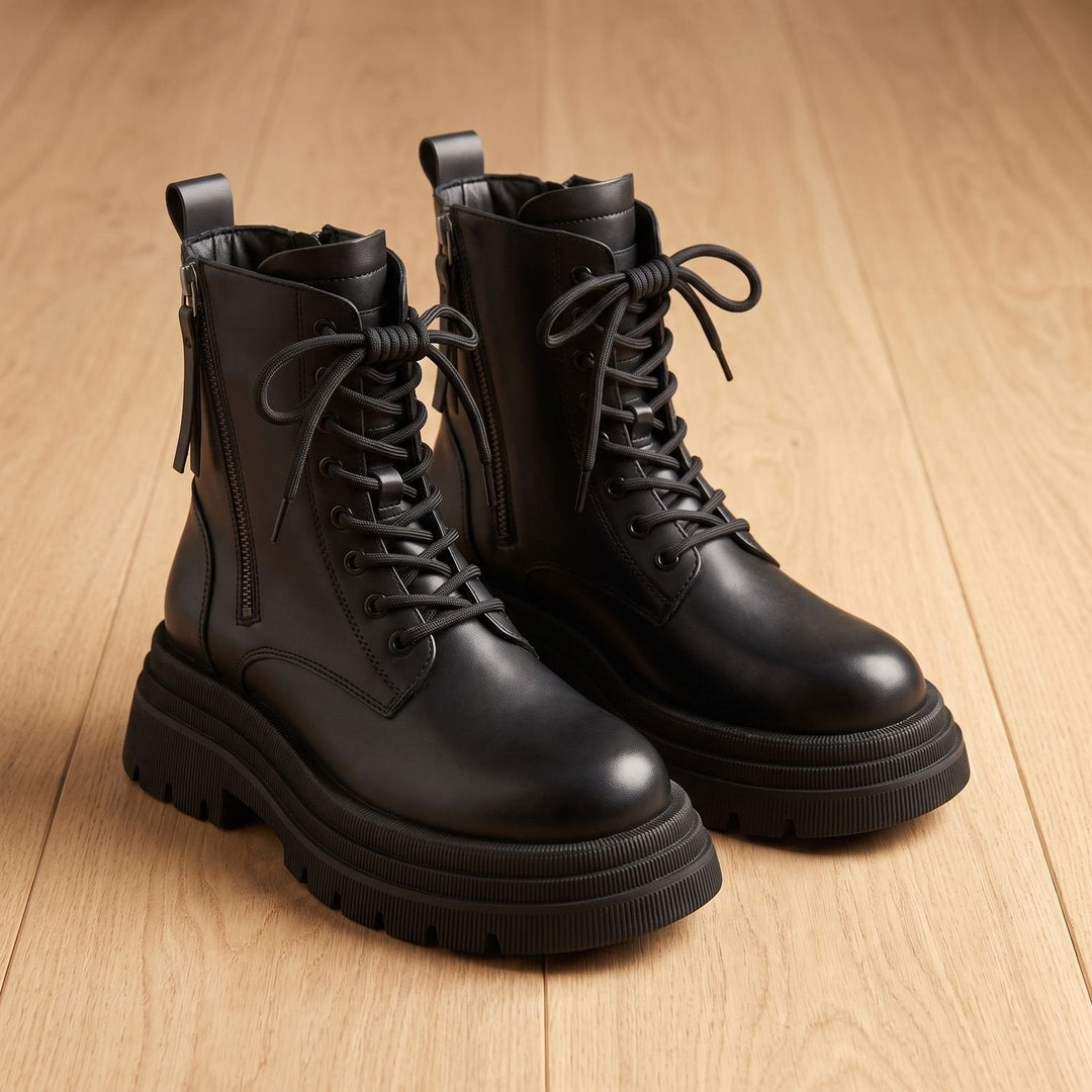 Damen Stiefeletten mit Plateausohle und Schnürung in Schwarz