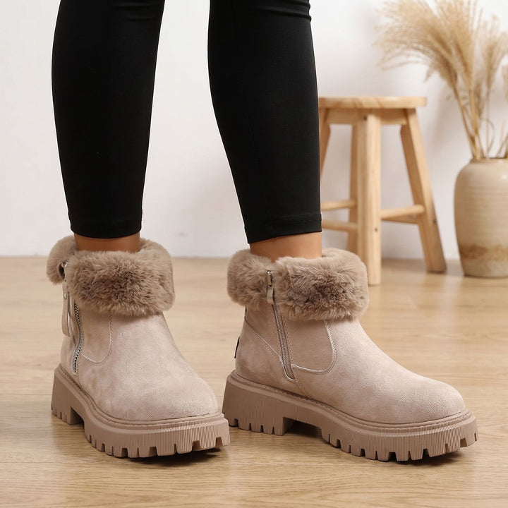 Damen Stiefeletten mit Plüsch-Futter für Winter in Khaki