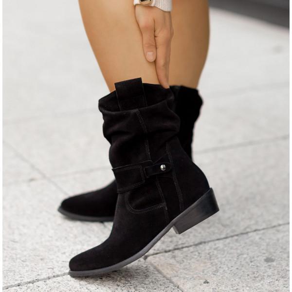 Damen Stiefeletten mit Wildleder und geraffeltem Schaft in Manhattan Schwarz