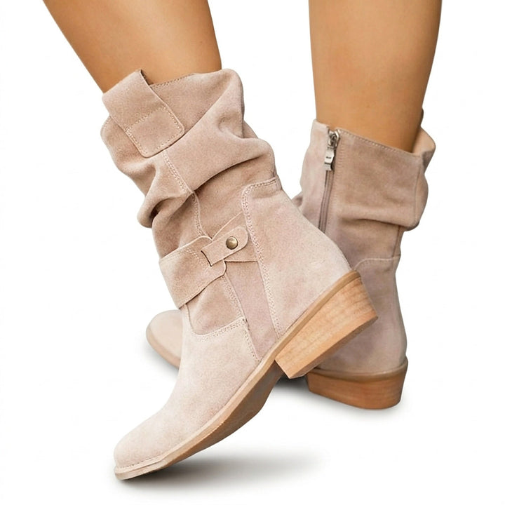 Damen Stiefeletten mit Wildleder und geraffeltem Schaft in Süd Beige