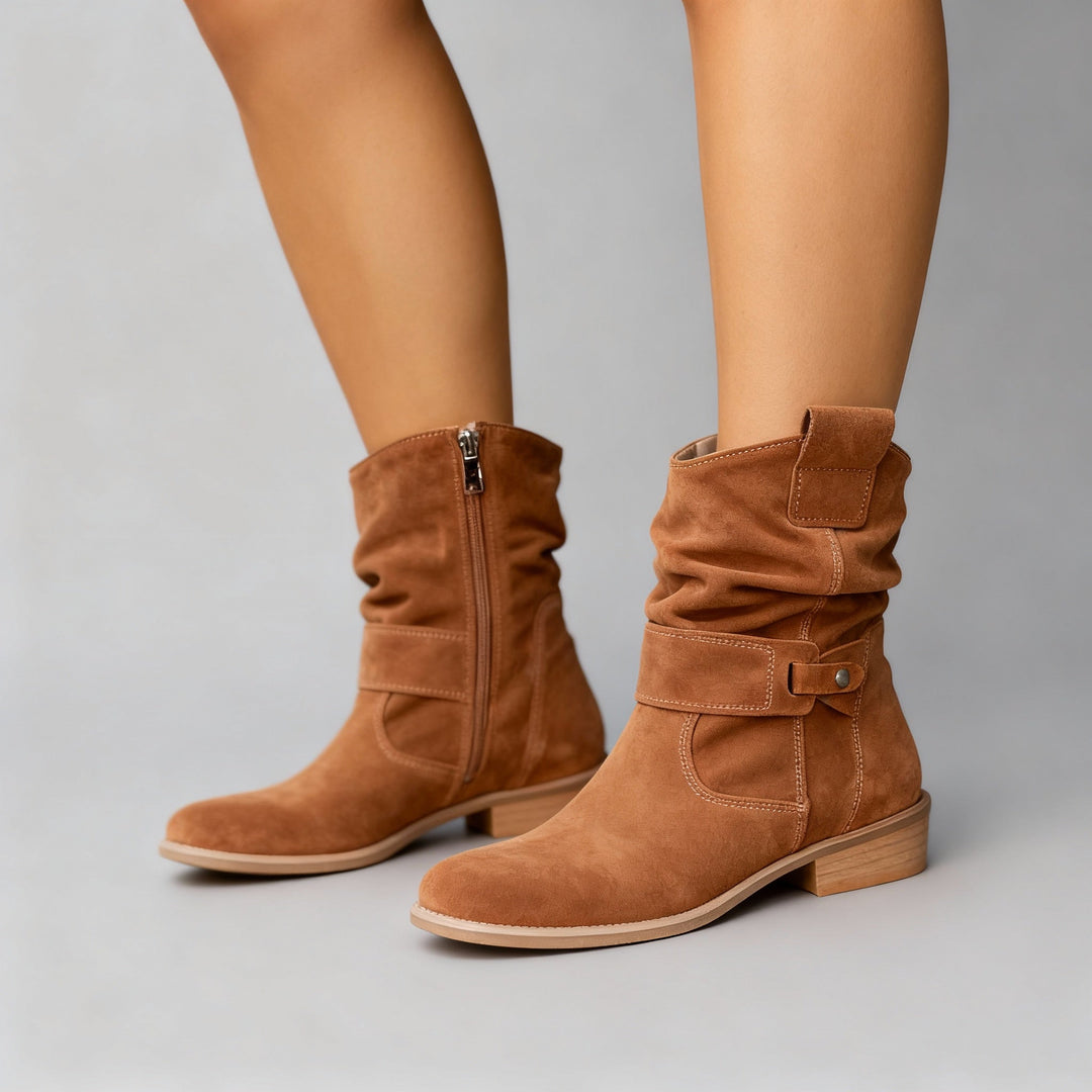 Damen Stiefeletten mit Wildleder und geraffeltem Schaft in Texaan Braun