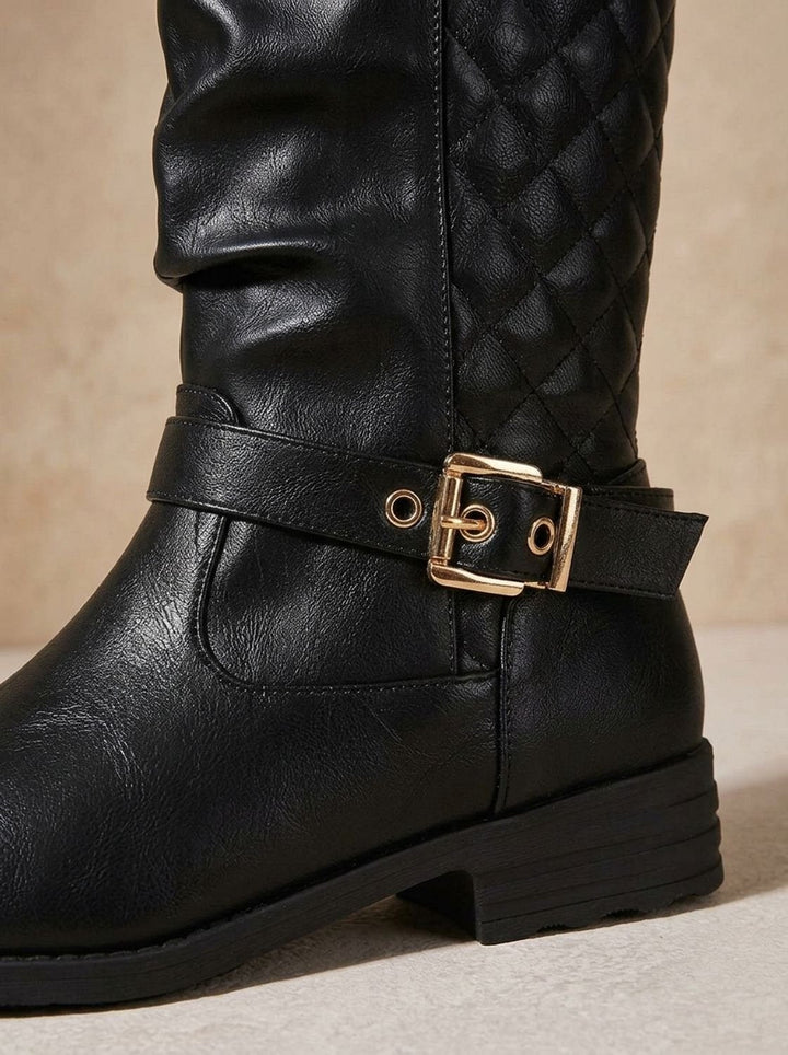 Damen Stiefeletten Wadenlang Blockabsatz mit Goldschnalle in Goldfarben 10