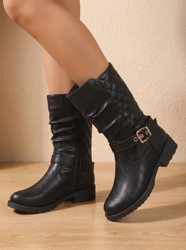 Damen Stiefeletten Wadenlang Blockabsatz mit Goldschnalle in Goldfarben 3