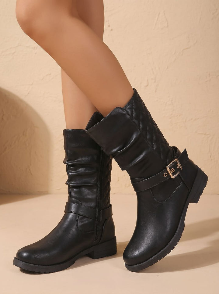 Damen Stiefeletten Wadenlang Blockabsatz mit Goldschnalle in Goldfarben 4