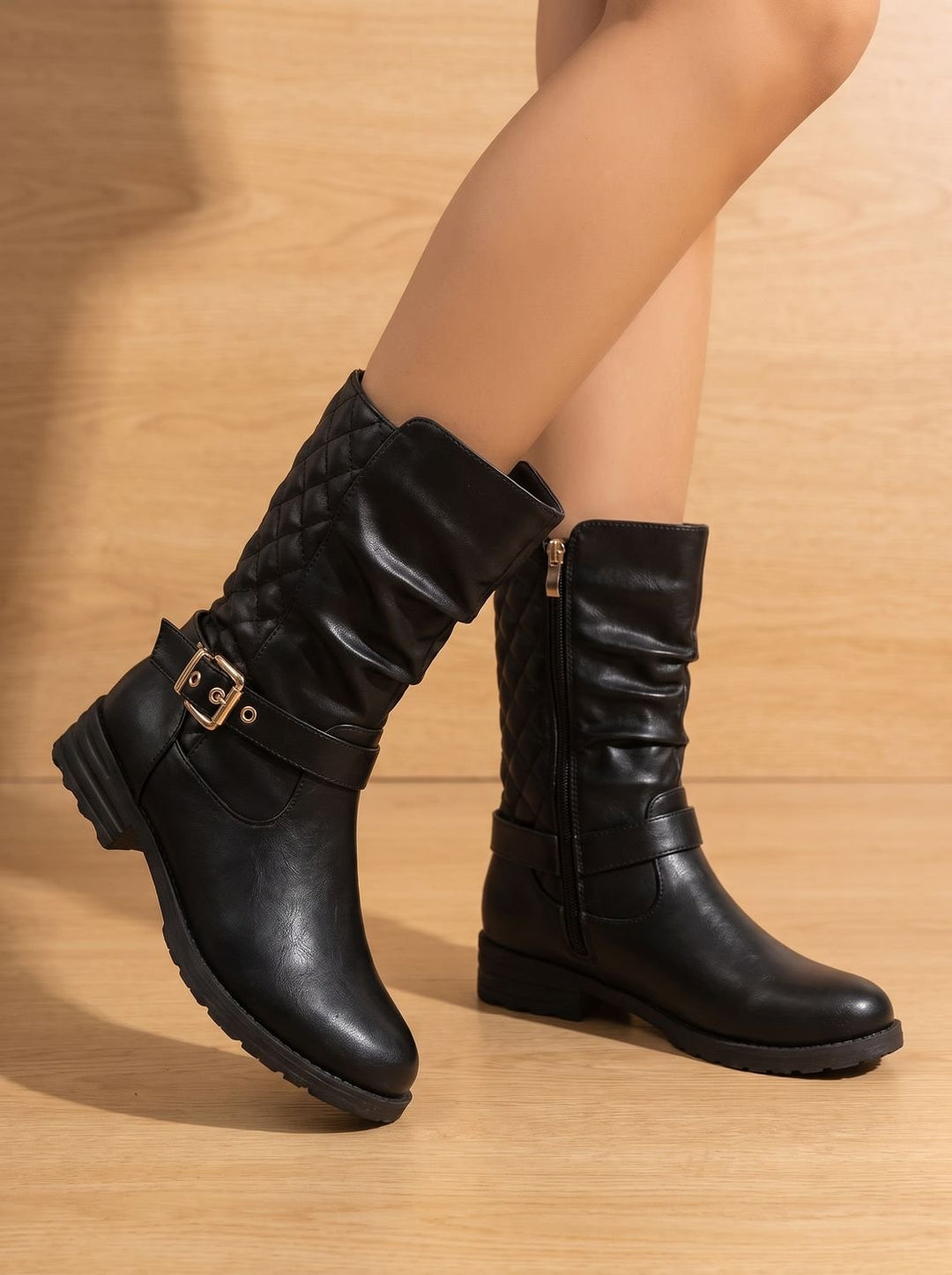 Damen Stiefeletten Wadenlang Blockabsatz mit Goldschnalle in Goldfarben 5