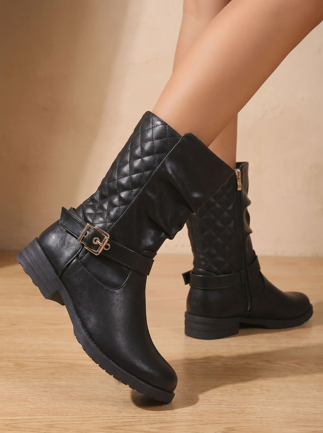 Damen Stiefeletten Wadenlang Blockabsatz mit Goldschnalle in Goldfarben 6