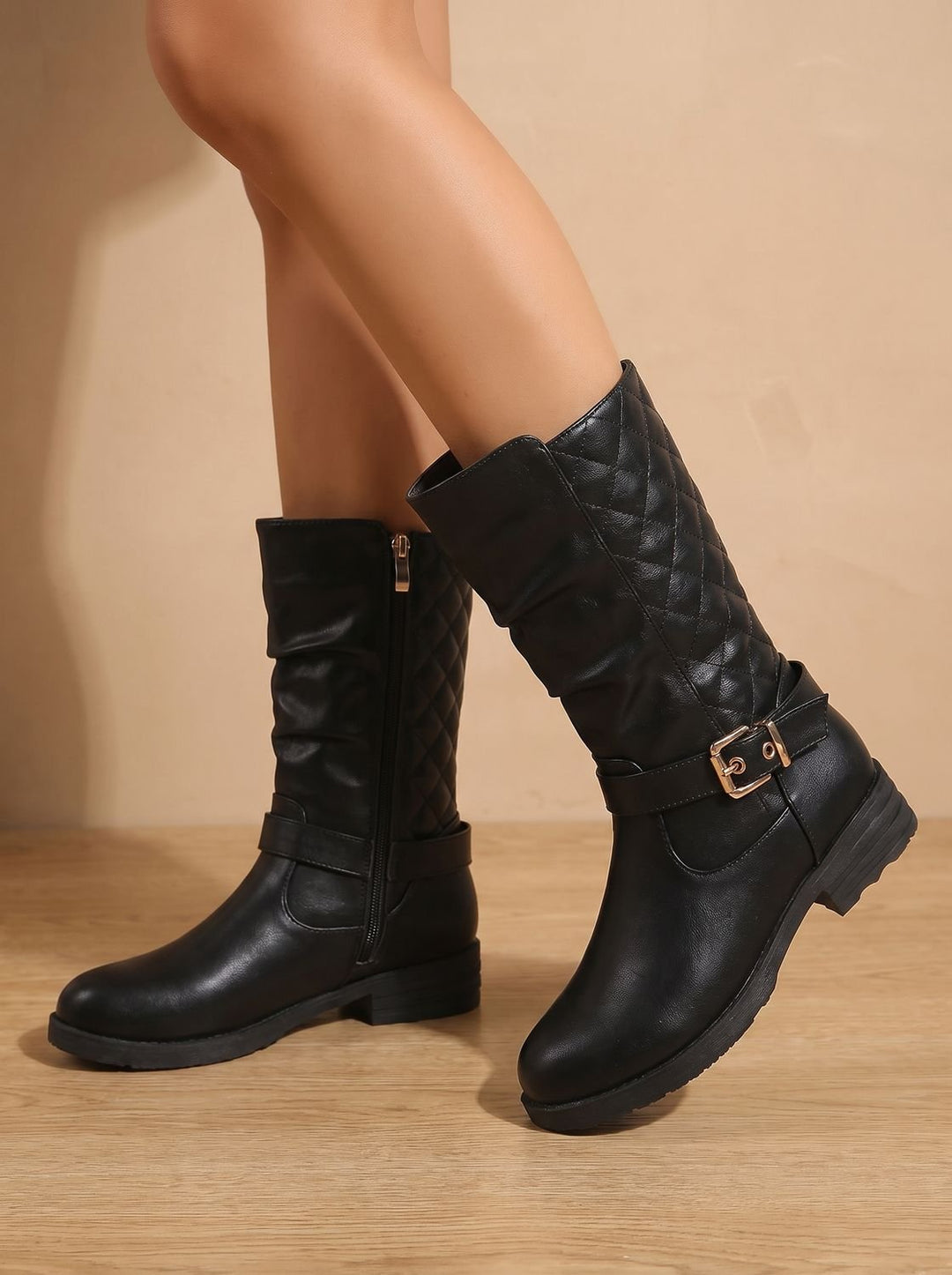Damen Stiefeletten Wadenlang Blockabsatz mit Goldschnalle in Goldfarben 7