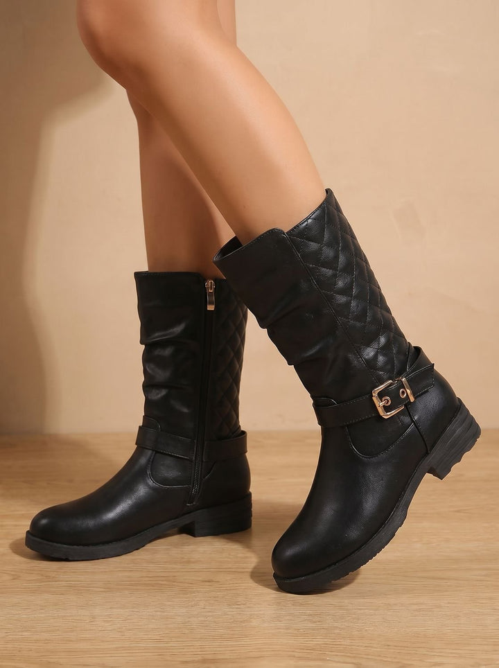 Damen Stiefeletten Wadenlang Blockabsatz mit Goldschnalle in Goldfarben 7