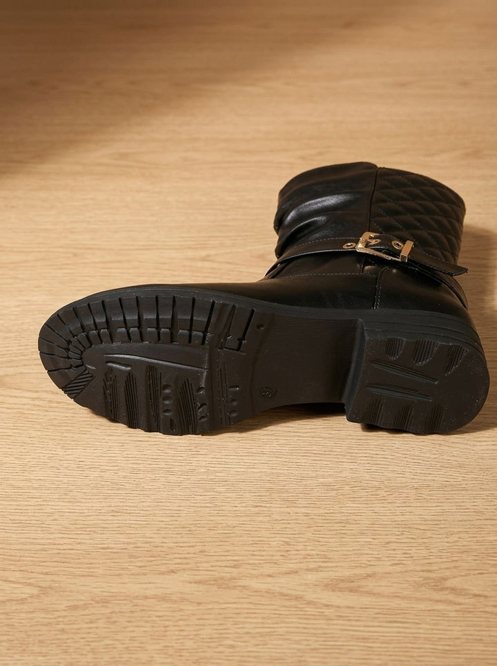 Damen Stiefeletten Wadenlang Blockabsatz mit Goldschnalle in Goldfarben 8