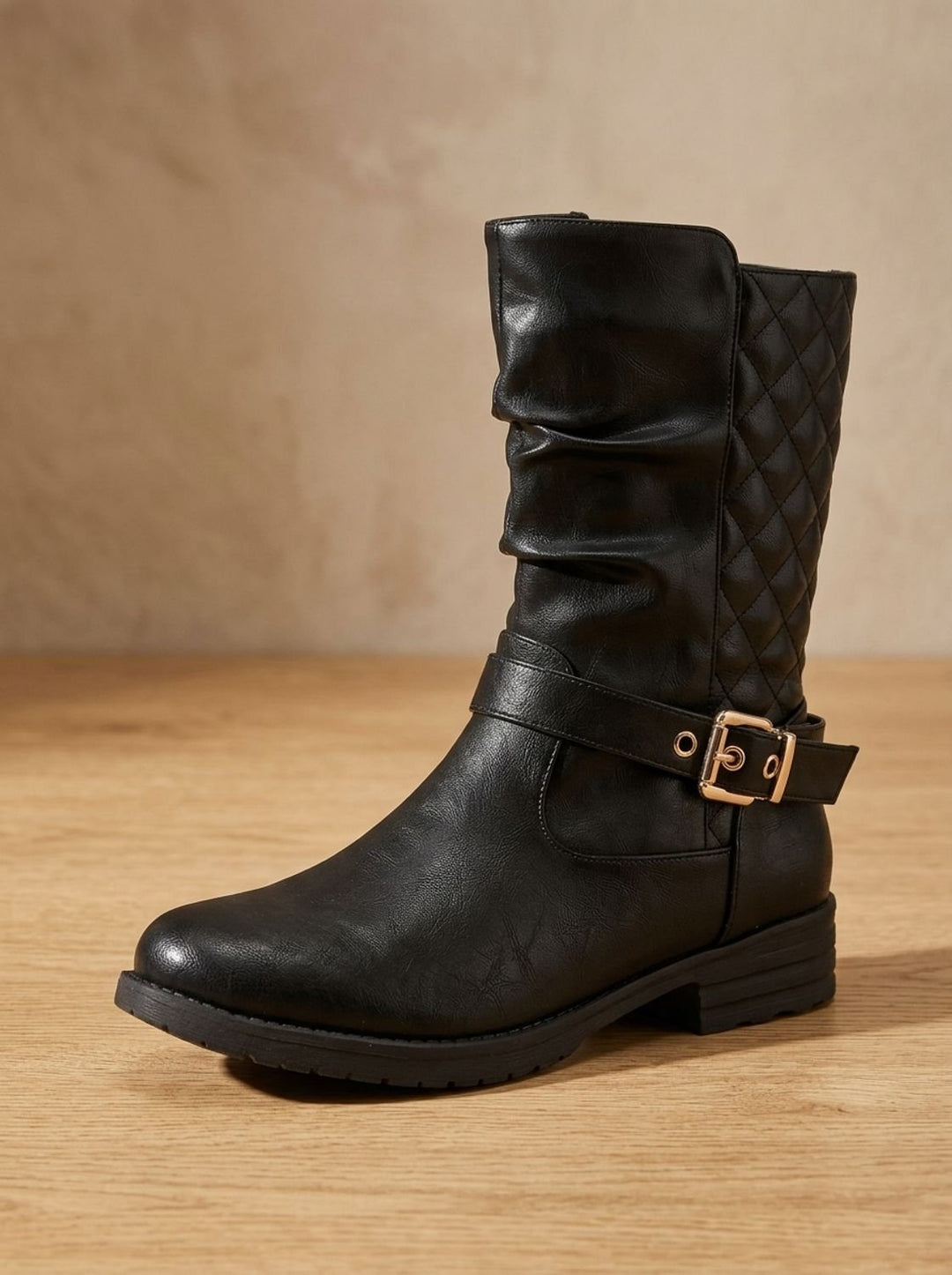 Damen Stiefeletten Wadenlang Blockabsatz mit Goldschnalle in Goldfarben 9