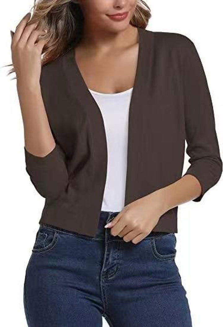 Damen Strickjacke 3/4-Ärmel mit offener Front in Braun