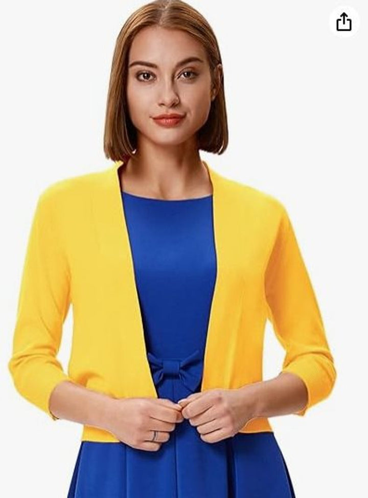 Damen Strickjacke 3/4-Ärmel mit offener Front in Gelb