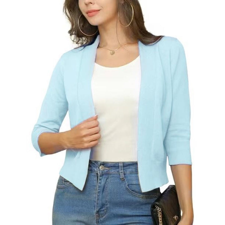 Damen Strickjacke 3/4-Ärmel mit offener Front in Hellblau