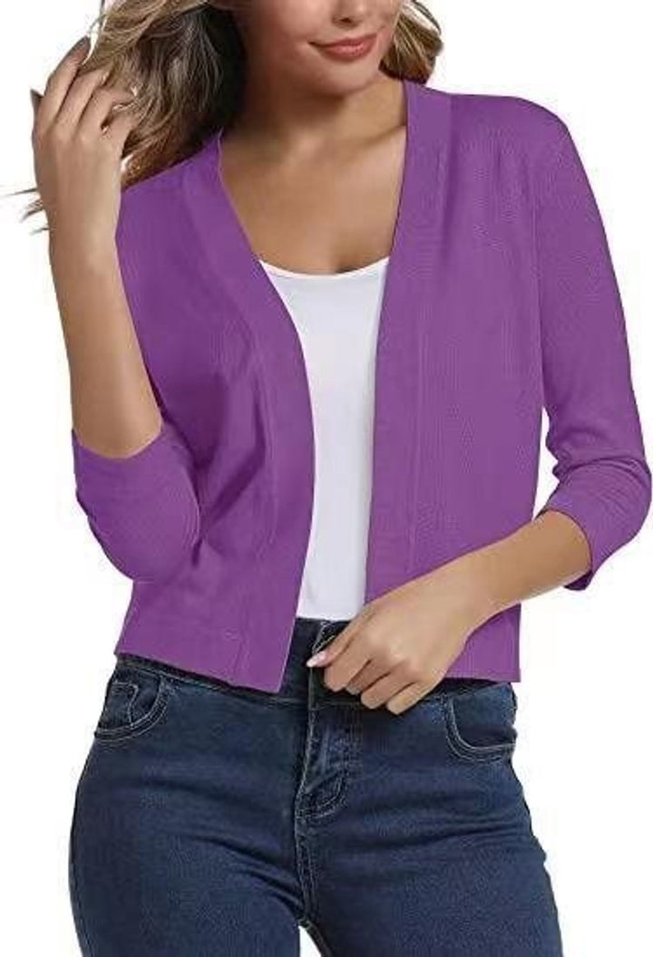 Damen Strickjacke 3/4-Ärmel mit offener Front in Lila