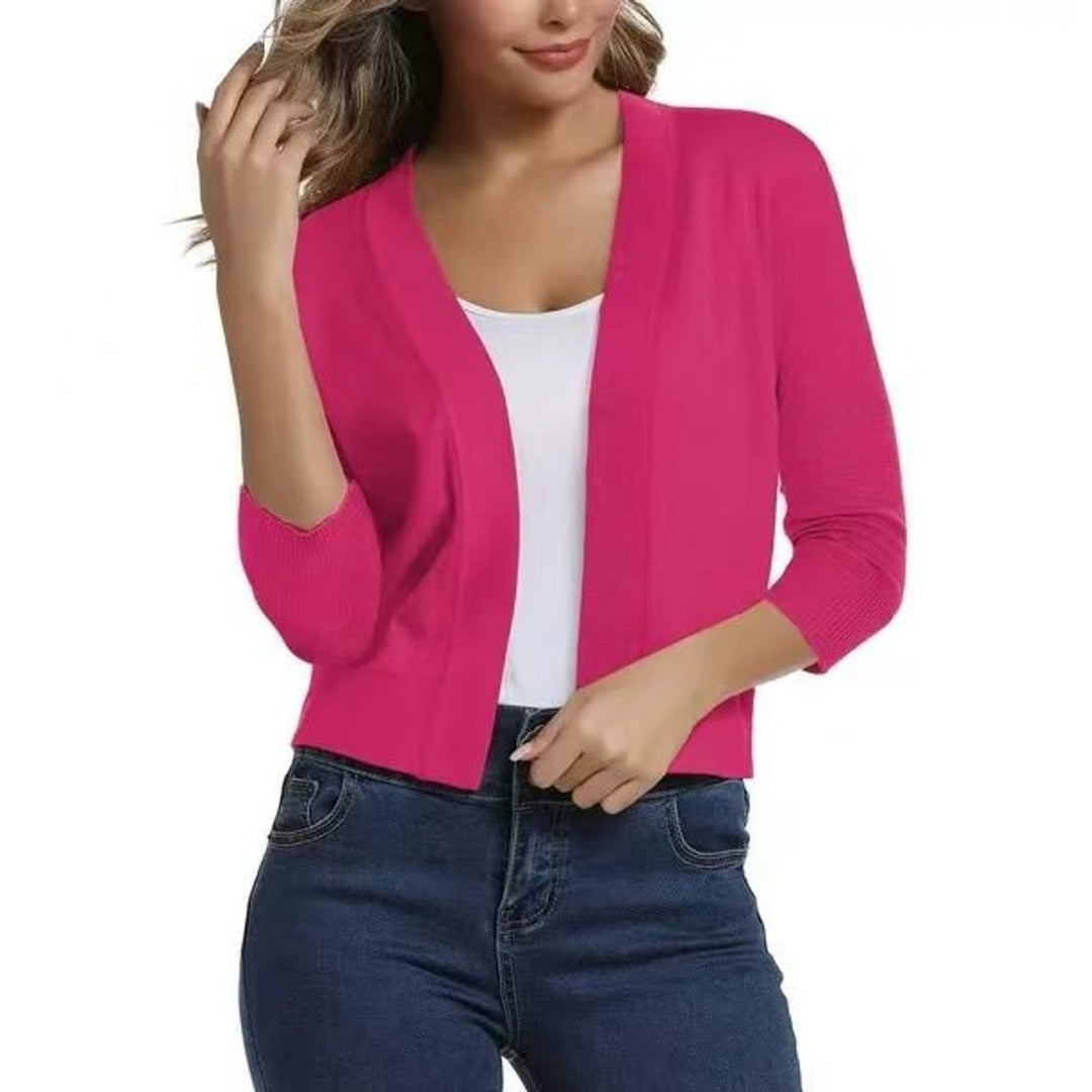 Damen Strickjacke 3/4-Ärmel mit offener Front in Rot