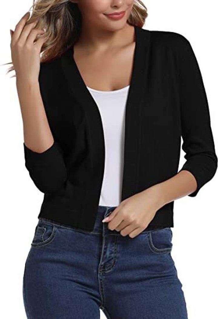 Damen Strickjacke 3/4-Ärmel mit offener Front in Schwarz
