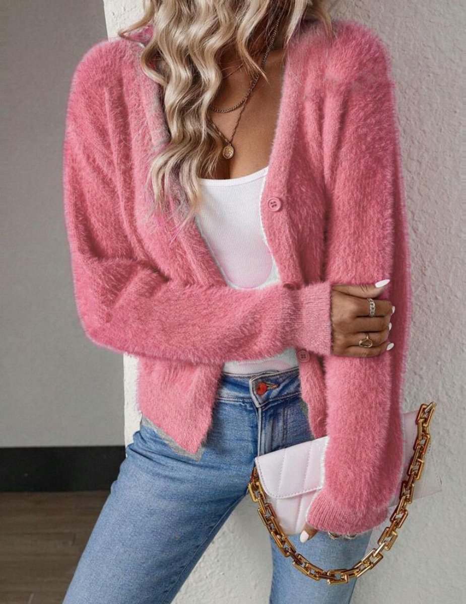 Damen Strickjacke aus Flausch für Übergangstage in Rosa