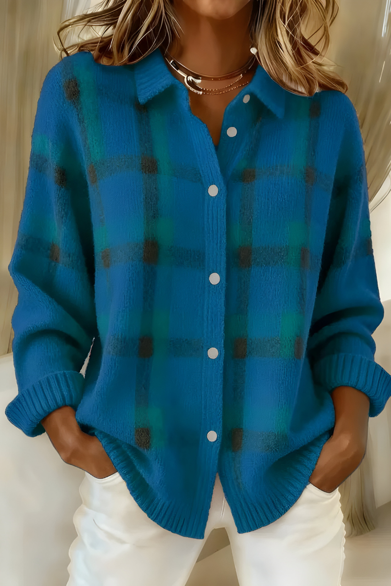 Damen Strickjacke im Retro-Karomuster für Herbst in Blau