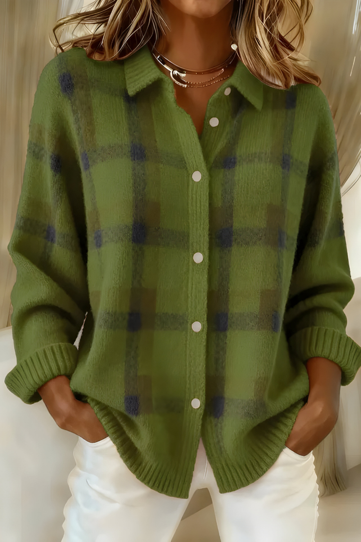 Damen Strickjacke im Retro-Karomuster für Herbst in Grün