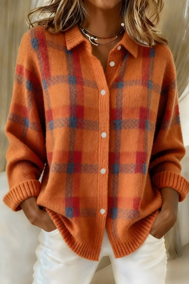 Damen Strickjacke im Retro-Karomuster für Herbst in Orange