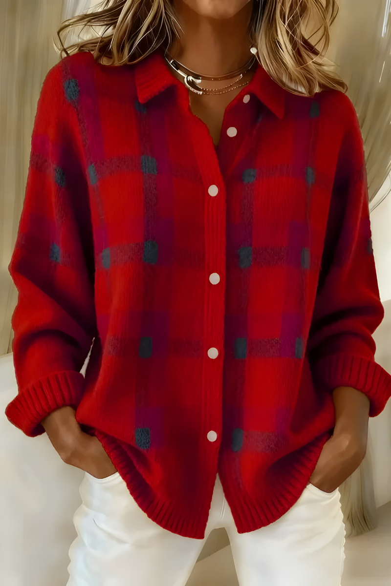 Damen Strickjacke im Retro-Karomuster für Herbst in Rot