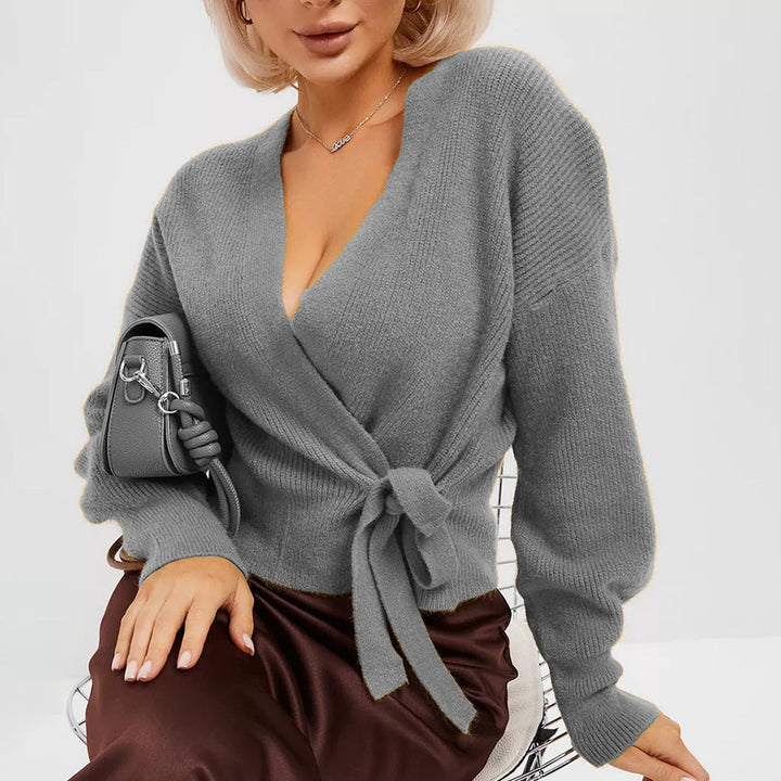 Damen Strickjacke im Wickel-Stil mit Bindegürtel in Grau
