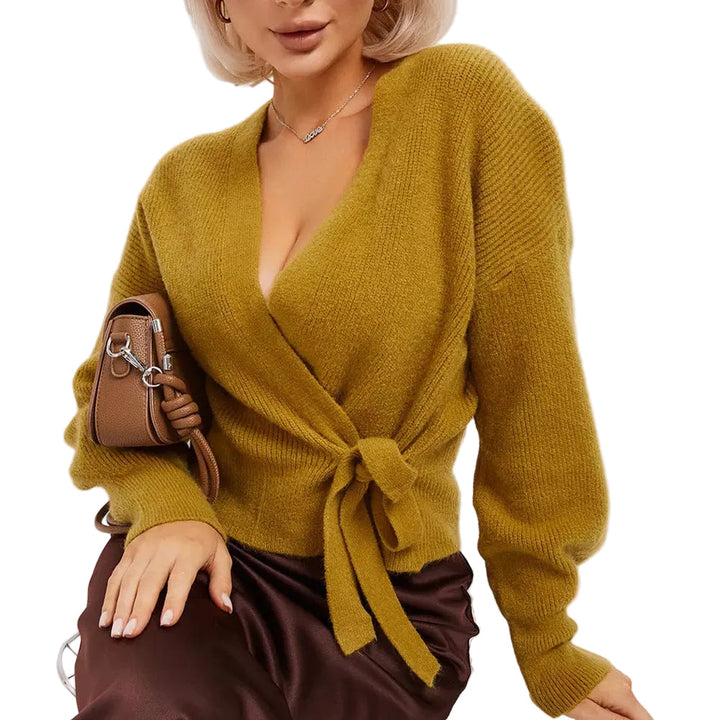 Damen Strickjacke im Wickel-Stil mit Bindegürtel in Kamel