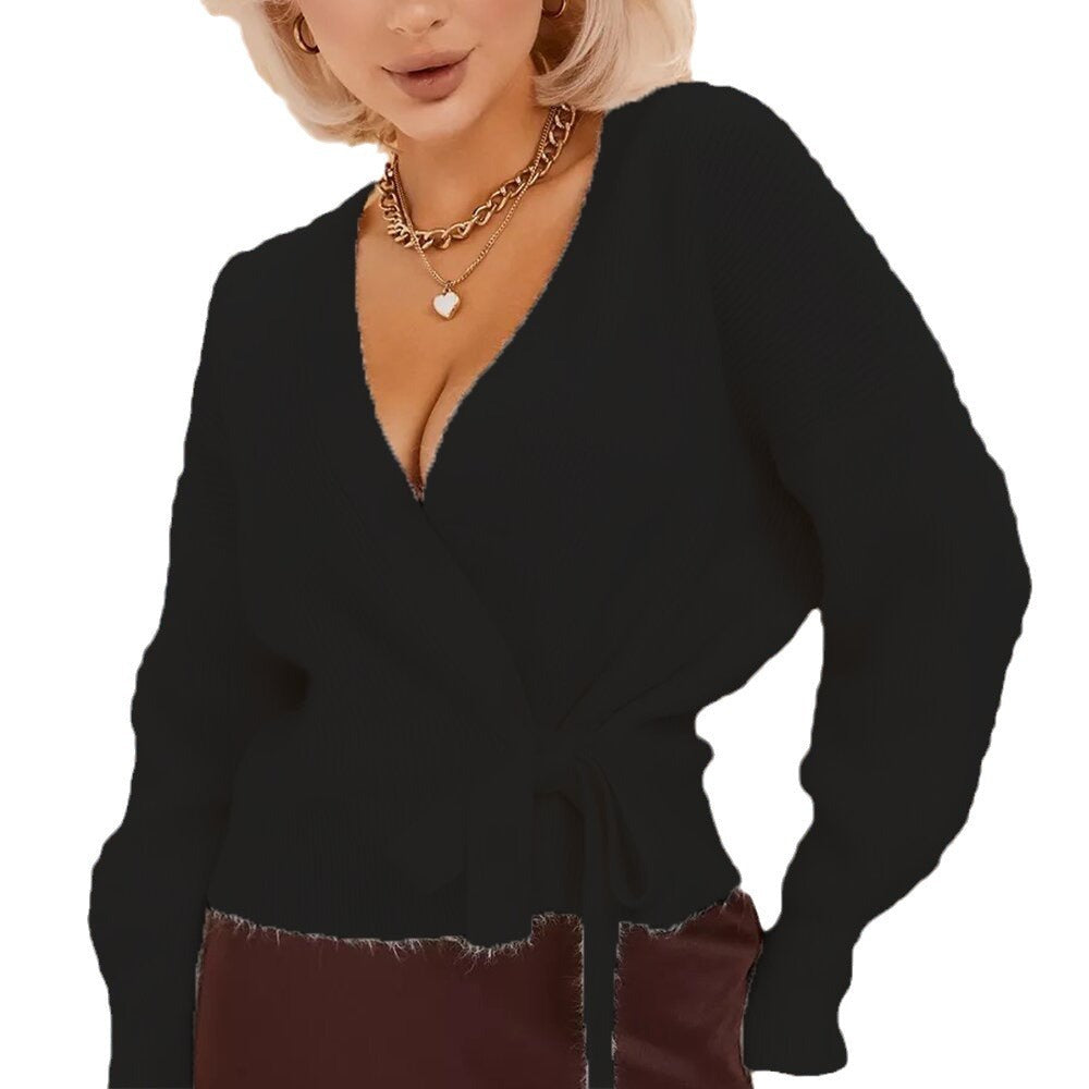 Damen Strickjacke im Wickel-Stil mit Bindegürtel in Schwarz