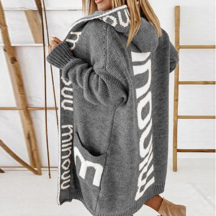 Damen Strickjacke lang mit Kapuze in Grau